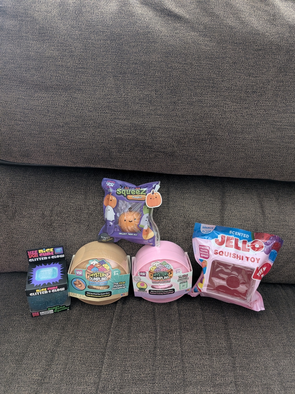 Mystery Dumpling, NeeDoh Nice Cube Glitter & Gllow, Jello Squishy& Taba Squeeze